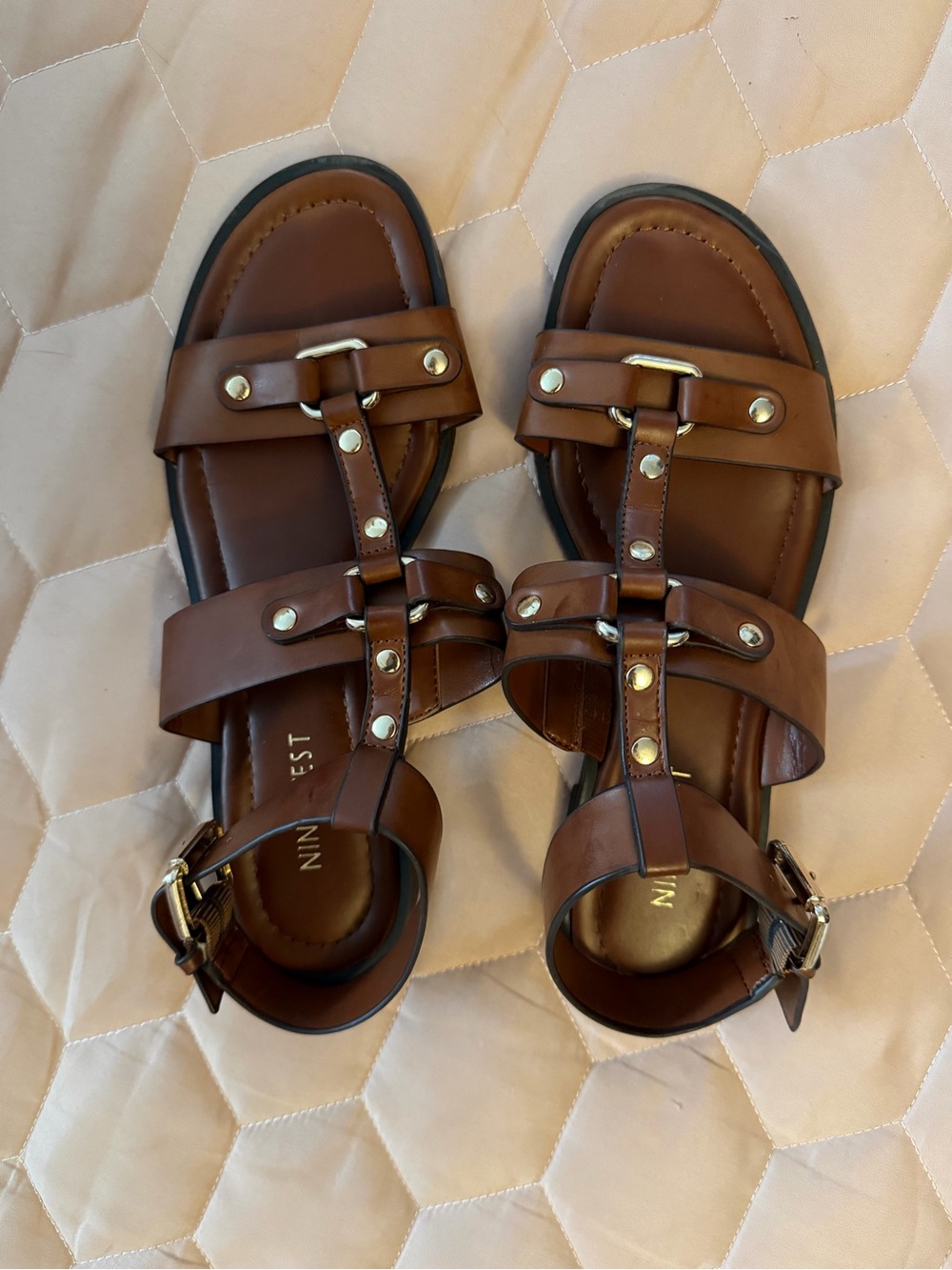 Nine West Brown Leather Studded T-Strap Sandals